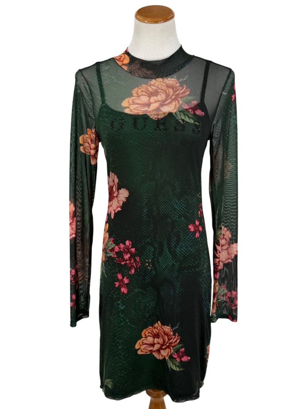 Guess Green Floral Mesh Rhinestone Bodycon Mini Dress | Sirencore Whimsigoth Y2K - Picture 13 of 16